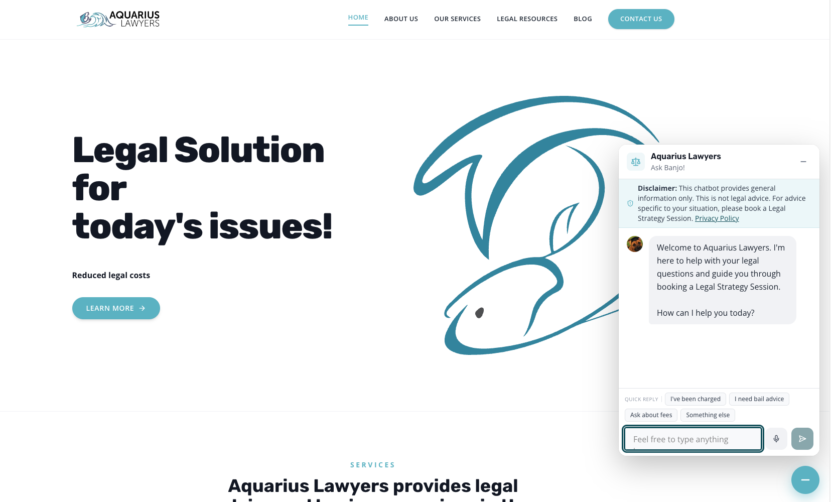 Aquarius Lawyers homepage with the intake chatbot open