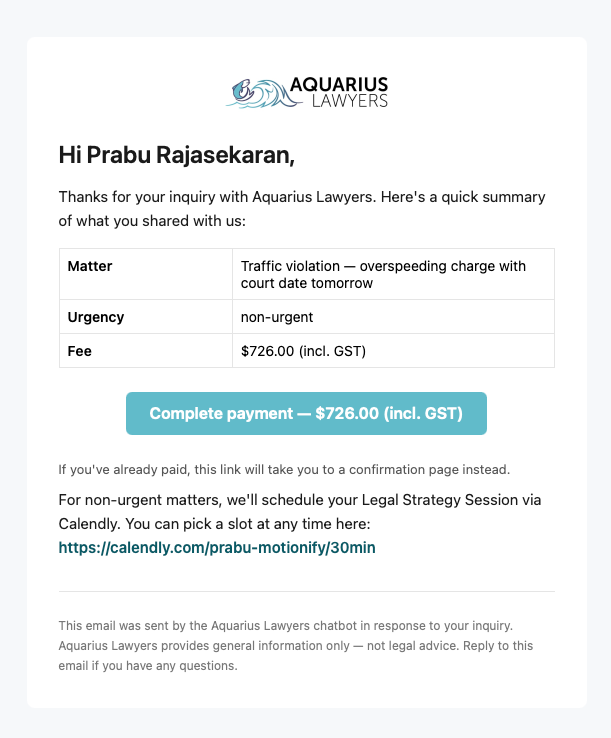 Sample Aquarius Lawyers follow-up email with a matter summary, payment action and booking link